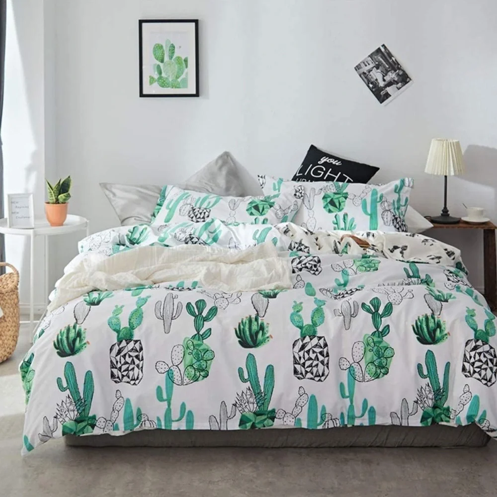 Cotton Twin Bedding Duvet Cover Sets Green Black Cactus Printed in White Ivory